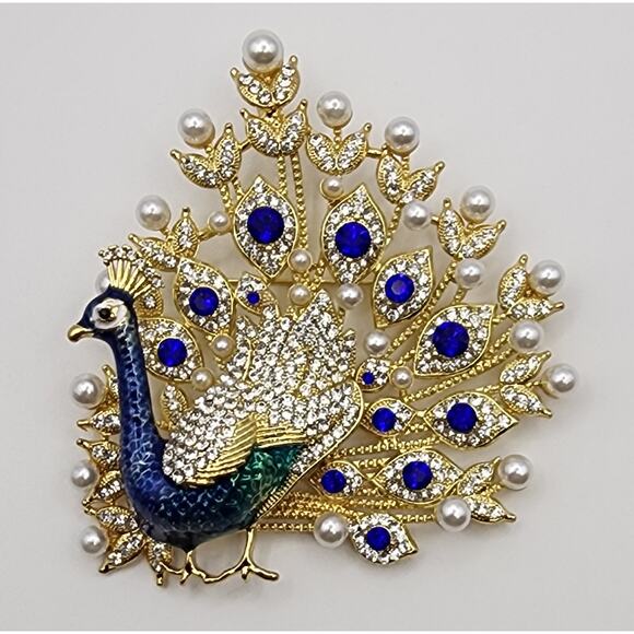 Large Peacock Brooch Faux Pearl Jewels Rhinestone & Enamel Statement Piece Blue - Picture 3 of 4